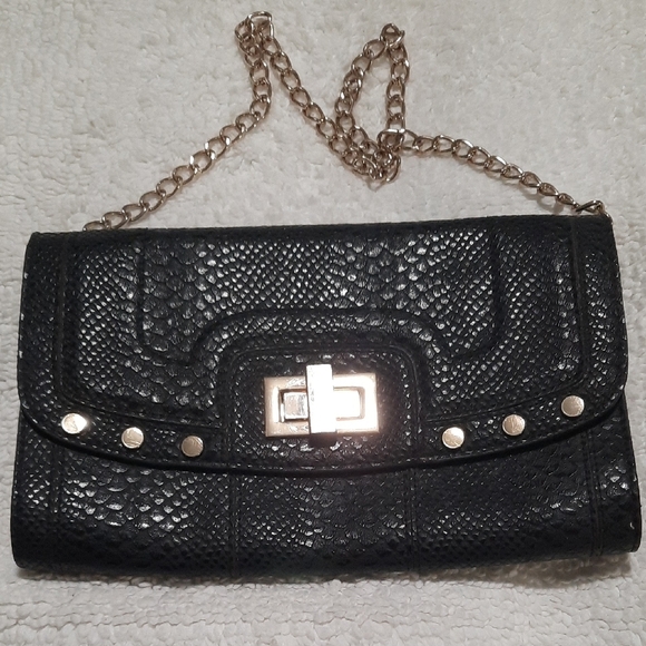 Cache Black Textured Clutch with Gold Chain - Picture 1 of 6